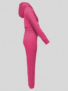 Women's 2 Pieces Thermal Lined Casual Set, Includes Long Sleeve Hoodie Sweatshirt Top And Slim Fit Sweatpants, Autumn/Winter - Hot Pink - View 6