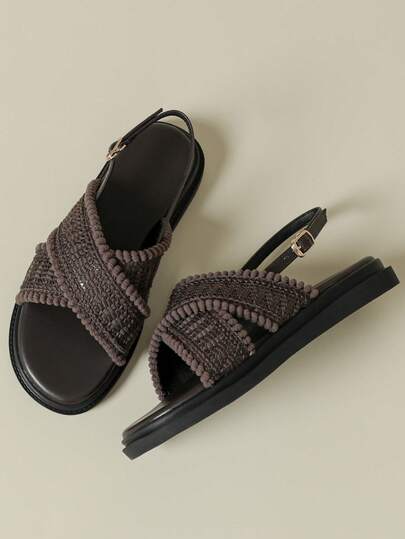 2026新款厚底绑带凉鞋，复古波西米亚风沙滩坡跟人字拖，舒适柔软鞋底，休闲优雅轻便透气，流苏编织网布拼接厚底凉鞋，春秋季款，小码33-34，大码41-43