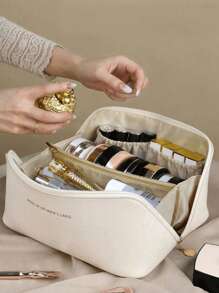 1 Peça Bolsa de Maquiagem Impermeável de Couro PU, Organizador de Cosméticos, Bolsa de Toucador Portátil, Nécessaire Impermeável de Couro PU para Produtos de Skincare, Bolsa de Maquiagem de Grande Capacidade com Dupla Camada, Organizador de Maquiagem, Acessórios de Banheiro Volta às Aulas