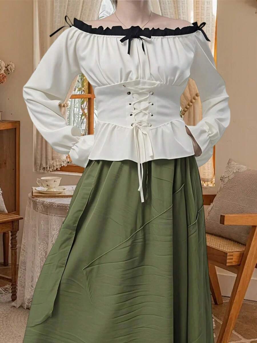 Women's Renaissance Costumes Medieval Style Front Strap Long Sleeve Off The Shoulder Pirate Tops - White - View 1