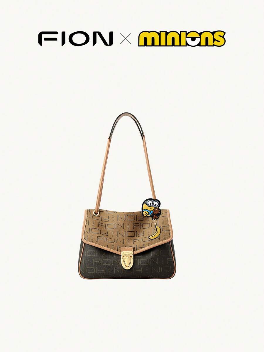 Minions Women Letter Print Shoulder Bag Leather Hobo Bag for Women with Cute Bag Charm Flap Square Handbag Purse Ladies Vintage Casual Clutch Purse for Daily Use Wallet Bag - 黑棕 - 查看 1