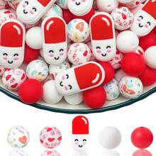 25pcs Silicone Beads, Pink 3D Nurse Cup Shaped Silicone Beads, Floral & Medical Element Print Round Beads, Suitable For Jewelry Making, Decoration, Earrings, Necklaces, Bags, Pens, Phone Chains, Makeup Brushes, Keychains And Other DIY Projects