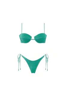 LYVES Bikini Set  Women's Soild Swimsuit  Green Fashion Bikini Halter Sport Swimsuit Beach Vacation Low Cut Shiny - 綠色 - 查看 2