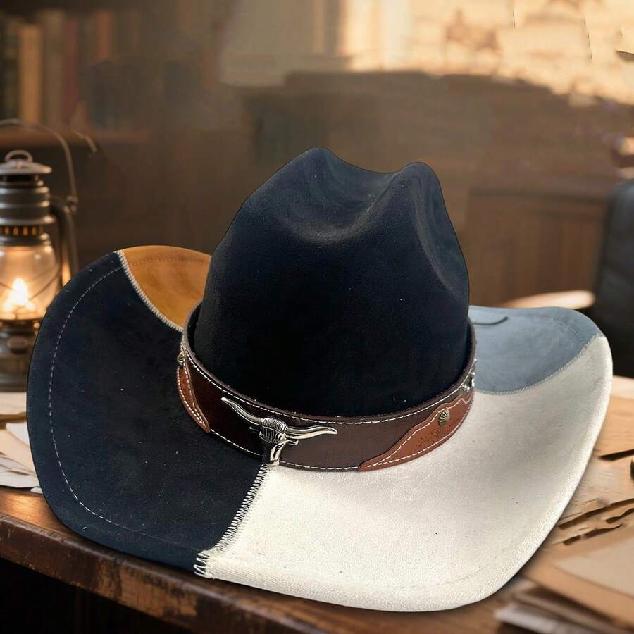 Suede Denim Cowboy Hat For Women Man Wide Brim Cowboy Hat With Chinstraps Western Cowgirl Hat For Party Cowboy Hat For Women Men With Shapeable Wide Brim Western Suede Hat For Cowboys And Cowgirls - màu đen - Xem 1