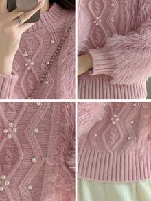 素色珍珠串珠毛茸茸套頭毛衣 - 粉色 - 查看 7