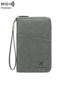 CHARM INFINITE 新款 RFID 防盗刷护照夹，可容纳多本护照，旅行证件收纳包，柔软材质拉链长款护照夹，可拆卸腕带，情人节送给妻子或女友的礼物 - 灰色 - 查看 8