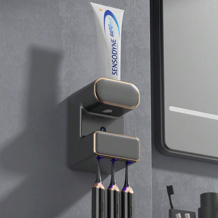 Intelligent Automatic Toothpaste Dispenser – Wall-Mounted, Fully Automatic Sensor Dispensing, 3 Toothbrush Slots, Waste-Proof & Hygienic, No-Drilling Installation, Space-Saving, Ideal For Home Use - 黑色 - 查看 1
