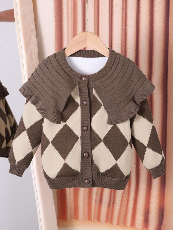 Cardigan à col tricoté à motif de losanges pour tout-petits/jeune fille, automne/hiver