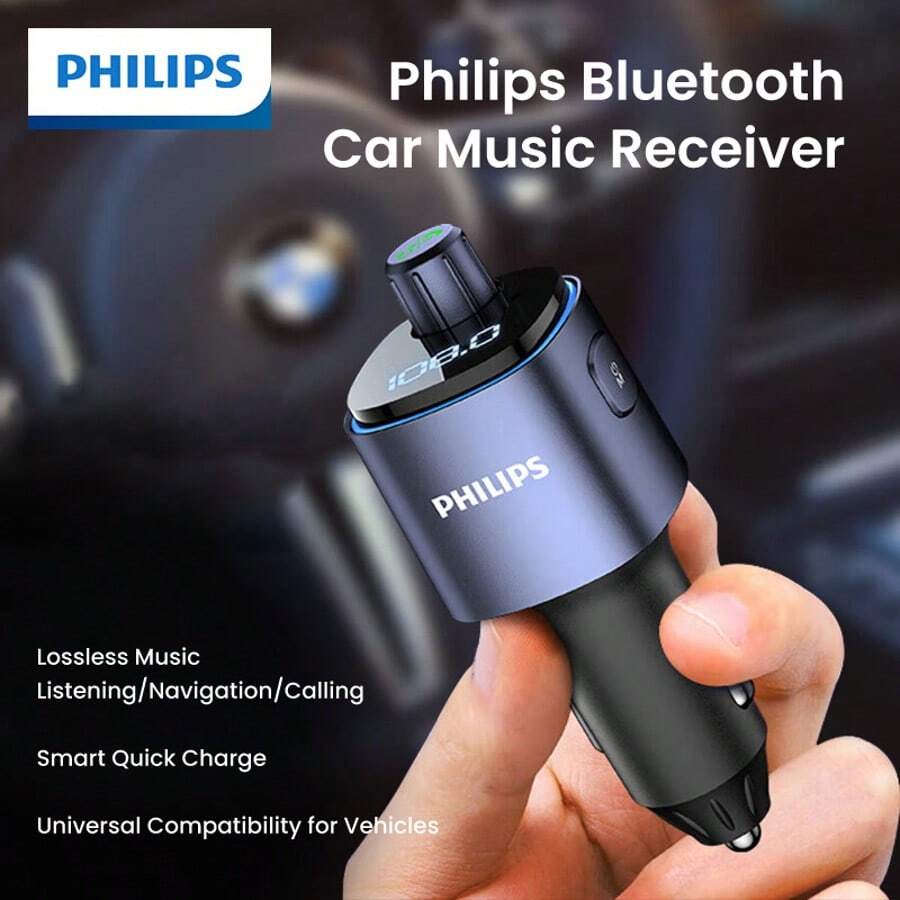 PHILIPS Bluetooth 5.0 FM Transmitter Wireless Radio Adapter Car Kit With Dual USB Charging, Audio Receiver Car Charger MP3 Player, Support Hands-Free Calling