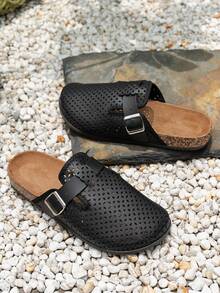 男士穆勒鞋，新款春季复古休闲一脚蹬鞋，宽松舒适，闭趾平底穆勒鞋，配有可调节绑带，有四季皆宜的非抓绒款和秋冬季保暖款可选。 - 黑色洞洞1 - 查看 5