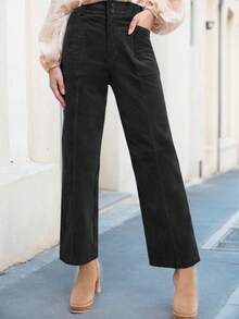 tooluck Womens Casual Winter Straight Leg Elastic Waist Corduroy Pants With Pockets Black - 黑色 - 查看 1