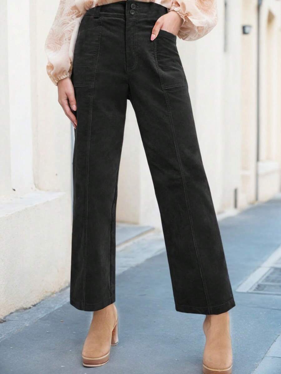 tooluck Womens Casual Winter Straight Leg Elastic Waist Corduroy Pants With Pockets Black - 黑色 - 查看 1