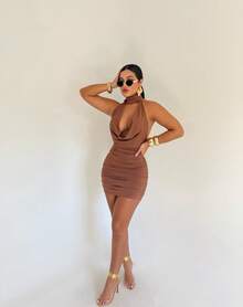 Women's Dress, Light Polyamide Mesh Fabric, Side Draping, Back Closure. One Size (38-42). Elegant, Sensual, Foreign Fashion. - Mousse sô cô la - Xem 1