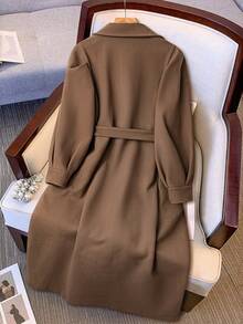 Solid Color Knotted Waist Pocket Casual Overcoat - Chocolate Brown - View 2