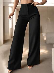 Pantalones anchos de traje casual con cremallera elegante de color sólido, pantalones de traje holgados casuales de color sólido para mujer exquisitos y de moda, adecuados para el uso diario en varias ocasiones. - Negro - Ver 1