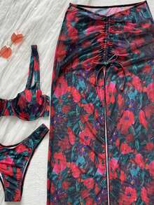 Sexy Women's Bikini Set, Floral Print, Halter Top With Ruffle, Drawstring Skirt, High Elasticity, Beach Outfit - Multicolor - View 3