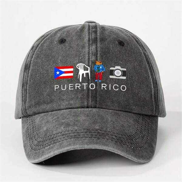 1 pieza Gorra de béisbol con estampado "PUERTO RICO" - Estilo lavado vintage, sombrero ajustable unisex, protección solar ideal para actividades al aire libre, de moda para hombres y mujeres, regalo para vacaciones