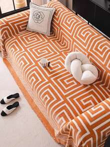 1 件套雪尼尔沙发盖毯，波西米亚叶子图案，柔软，宠物友好，可机洗，100% 涤纶，带沙发保护套，适用于卧室、客厅、家居装饰 - 橘色 - 查看 6