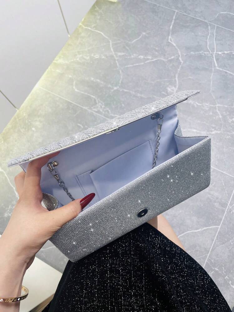 Metallic Glitter Flap Box Bag - Luxury Minimalist Clutch, Perfectly Matching With Bridal Party, Prom Bag For Party Lightweight, Business Casual Bag Design, Bag Evening Bag, Dinner Bag Glamorous, Elegant, Exquisite, Quiet For Party Girl, Woman Perfect For Party, Wedding, Prom, Dinner/Banquet, Perfectly Matching With Prom Accessories, Perfectly Matching With Bridal Party, Best Choice Elegant Bag For Bridal Shower - Silver - View 10