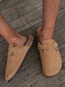 男士穆勒鞋，新款春季复古休闲一脚蹬鞋，宽松舒适，闭趾平底穆勒鞋，配有可调节绑带，有四季皆宜的非抓绒款和秋冬季保暖款可选。 - 淺咖色 - 查看 3