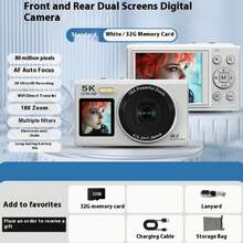 5K 高清视频、80MP 摄像头、自动对焦、16 倍光学变焦、2.8 英寸 IPS 屏幕、可充电电池、兼容网络摄像头(Win7+)、双高清显示屏、充电和录制、定时/连拍、微笑捕捉、美颜、LED 补光灯、18 倍数码变焦、内置 WiFi 传输。适合旅行、度假、礼物 - 彩色 - 查看 12