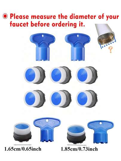 Please Measure The Diameter Of Your Faucet Before Ordering It. Please! Please! Please! Diameter 1.65cm(0.65inch)/1.85cm(0.73inch)- 1Set/6Pcs Diameter 1.65cm(0.65inch)/Diameter 1.85cm(0.73inch) Practical Faucet Cache Aerator With Repair Wrench With Bubbler Filter Faucet Aerator Key Tap Tool Foamer Removal Spanner Instrument