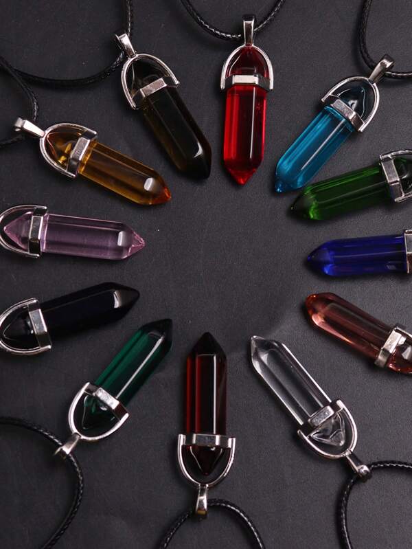 Lote aleatorio de 12 piezas/Collar colgante de columna hexagonal de cristal de vidrio con punto, collar de cuerda de cuero, joyería de energía curativa para mujeres y hombres, al por mayor de fábrica