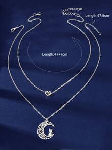 2件套精致银链心形猫咪月亮吊坠项链，女士派对日常节日首饰礼品 - 銀色 - 查看 4