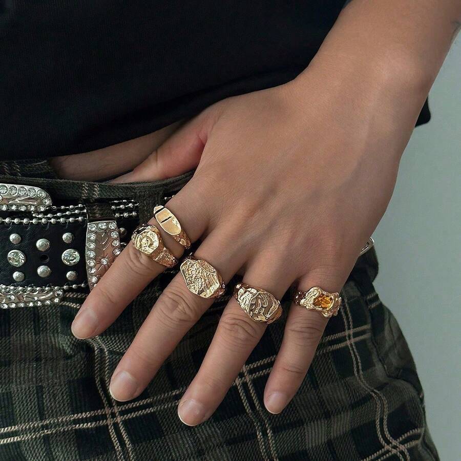 5 Pieces Of Retro Creative Asymmetrical Metal Gold Liquid Lava Abstract Gemstone Ring, Simple And Stylish Geometric Multi-Element Overlay Ring Set, Suitable For Men's Daily And Party Decoration Charm Jewelry - 金黃色 - 查看 1