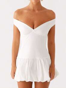 Women's Summer V Neck Off Shoulder Wedding Mini Dresses Backless A Line Puffy Hem Prom Party Gown Y2k Cocktail Bubble Mini Dress - trắng - Xem 2