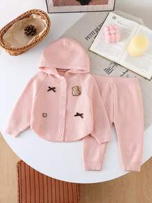 2pcs Sweet & Fashionable Round Neck Knit Top With Polka Dot Embroidery & Solid Color Pants Set For Baby Girls, Faux Button Burgundy Top With Ruffle Hem Pants