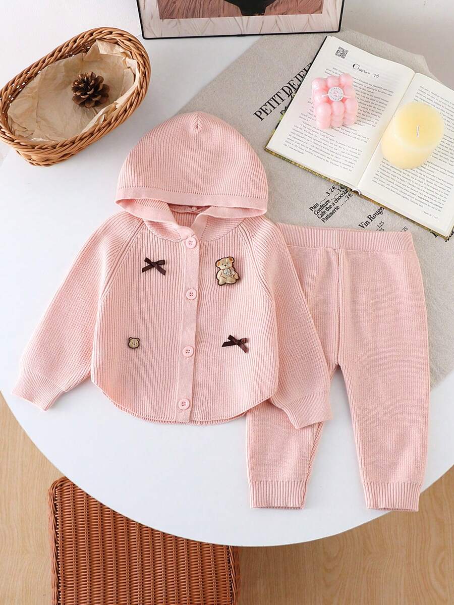 2pcs Sweet & Fashionable Round Neck Knit Top With Polka Dot Embroidery & Solid Color Pants Set For Baby Girls, Faux Button Burgundy Top With Ruffle Hem Pants