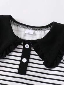 2 件套年轻女孩学院风彼得潘领长袖条纹 Polo 衫和休闲冰丝罗纹喇叭裤套装，秋季 - 黑色 - 查看 3