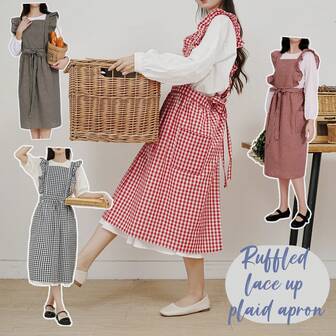 1 st förkläde, vintage-stil damförkläde med volanger, 2 fickor, justerbar veckad snörning, bottenskyddande skyddsrock, lämplig för städning/köksbakning/utomhusaktiviteter/restaurang, kafé, blomsteraffär, konststudio, skönhetssalong och andra arbetsplatser