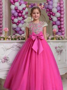 Girls' Elegant Bowknot Princess Dress, Suitable For Holiday Party And Formal Occasions (Please Refer To The Size Chart In The Product Details To Select The Appropriate Size)
