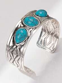 1pc Vintage Silver Plated Blue Stone Bangle Bracelet, Fashionable & Elegant, Suitable For Parties, Banquets And Daily Wear