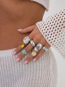 7pcs/Set Geometric Vintage Faux Gemstone Inlaid Asymmetrical Metal Rings Set, Luxurious Everyday Casual Women & Couples Jewelry Rings Gift For Birthday, Holiday