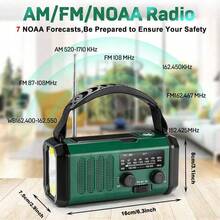 راديو طوارئ 10000 ملي أمبير، راديو شمسي، راديو يدوي، راديو الطقس NOAA AM FM، 3 طرق للشحن، بطارية بوليمر، مصباح يدوي وإضاءة للقراءة، إنذار SOS، شاحن للهاتف للحالات الطارئة - أخضر عسكري - مشاهدة 8