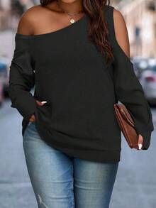 Women's Solid Color Casual Cold Shoulder Top, Plus Size Stretchy Loose Comfortable Style, Basic Suitable For Daily Casual And Commuting Wear