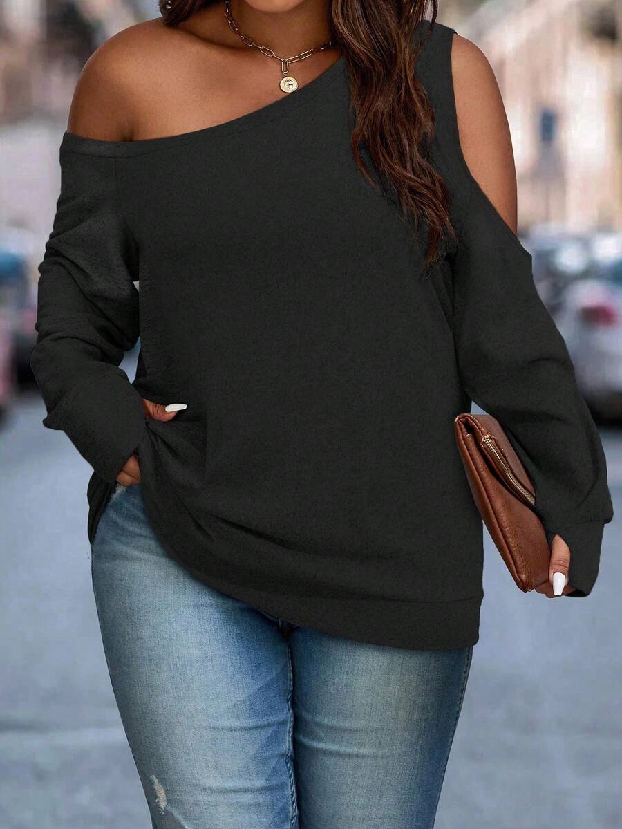 Women's Solid Color Casual Cold Shoulder Top, Plus Size Stretchy Loose Comfortable Style, Basic Suitable For Daily Casual And Commuting Wear