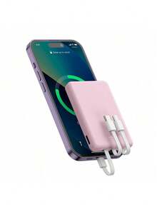 Mini Portable Mobile Phone Power Bank Charger 5000mAh, Input Type-C, USB C Block,4-USB Output Built-In Type-C Cable, Micro Cable, Suitable For IOS Cable Charging, USB-A Output Interface, For IOS   And Other Series Compatible With Most Electronic Products On The Market - Pink - View 1