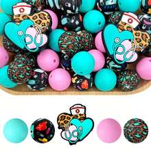 25pcs Silicone Beads, Pink 3D Nurse Cup Shaped Silicone Beads, Floral & Medical Element Print Round Beads, Suitable For Jewelry Making, Decoration, Earrings, Necklaces, Bags, Pens, Phone Chains, Makeup Brushes, Keychains And Other DIY Projects