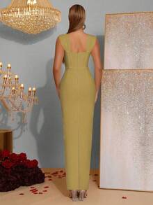 Modphy Váy băng dài hở lưng gợi cảm mới cho nữ có đính đá trang trí, không tay, thanh lịch cho đám cưới, tiệc tùng, những dịp trang trọng - Màu Mù tạt vàng - Xem 5