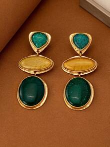 1 对女士时尚吊坠耳环，夸张对比色几何组合复古波西米亚金属风格，百搭日常/礼物，不对称树脂