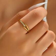 1 件不锈钢独特几何方晶锆石镶嵌戒指，空心水滴百搭爪镶时尚指节戒指，适合女士 - 金黃色 - 查看 7