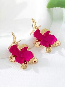 Small Niche Design, Rose Red Contrasting Asymmetrical Flower Shaped Earrings, Fashionable Earrings, Women's Gathering Holiday Gifts, The Best Gift For Female Friends