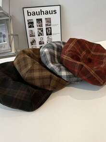 1 pieza Boina octogonal de estilo británico retro a cuadros para mujer, de otoño/invierno, de poliéster, de uso casual - Multicolor - Ver 3