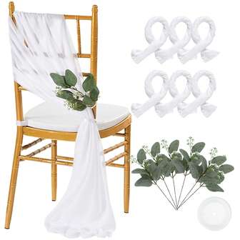 6 Peças Faixas Longas Transparentes para Decoração de Cadeiras do Corredor de Casamento, Capas de Cadeira de Tule com Eucalipto Artificial