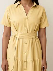 Linen Midi Dress With Lining, Buttons And Structured Collar - Yellow - View 3