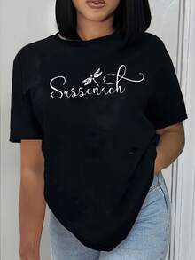 Summer Short Sleeve Crew Neck Sassanach Letter Print T-Shirt - Casual Top For Women-1 - 黑色 - 查看 1